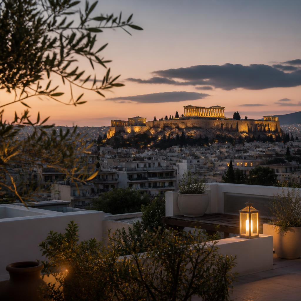 Athens and the Acropolis at dusk from a residential terrace